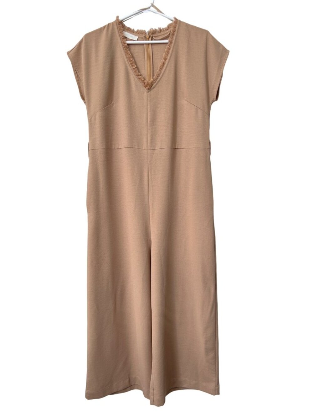 All Row Jumpsuit Small Fringe V Neck Cropped Sleeveless Tan Polyester Chic